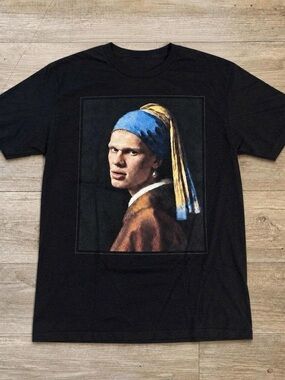 Black Graphic Tee with Blue and Gold Print